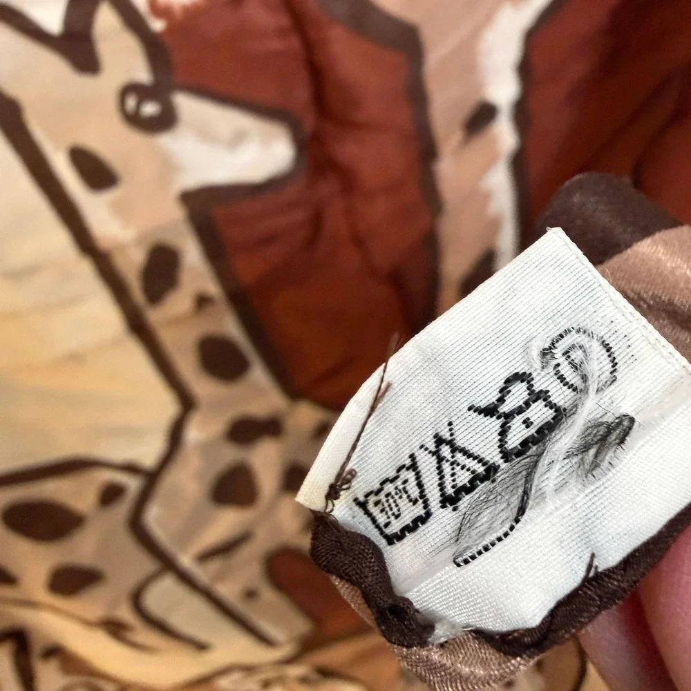Vintage Giraffe Print Silk Scarf Brown Tan Safari Art Deco Boho Eclectic Artsy